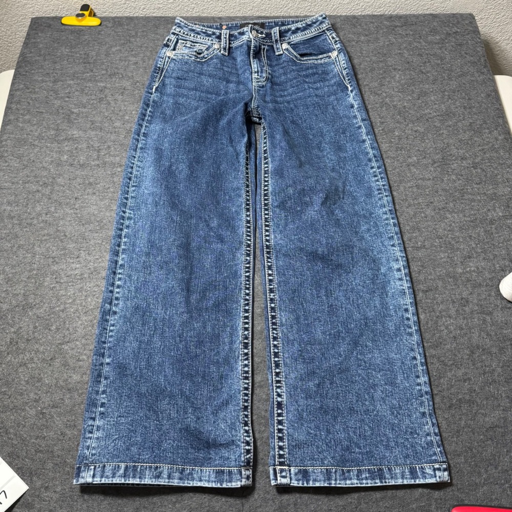 Miss Me Black High Rise Wide Leg Jeans Blue Embroidered Pockets Size 26 H9467W2V